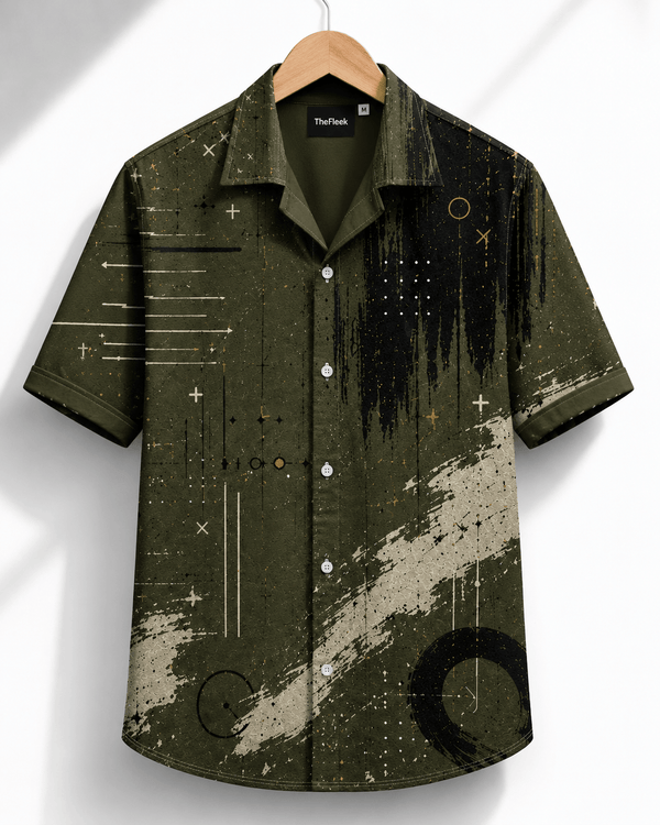 TheFleek Olive Horizon Abstract Cuban Shirt